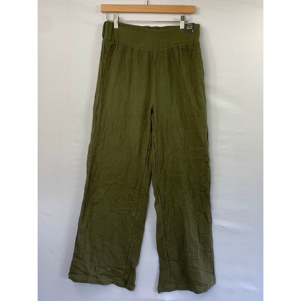 One 5 One Wide Leg Pants Women Small Green Straight Leg Elastic Waist Cotton